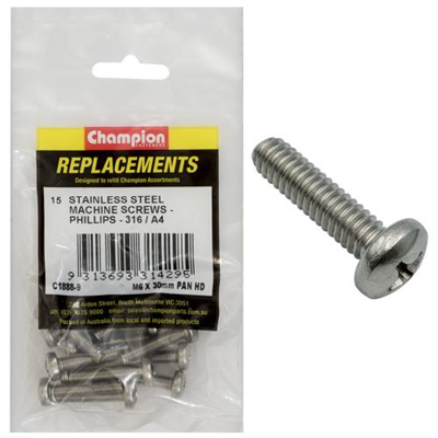 Champion M6 x 30mm Machine Screw -Pan -Ph -316/A4 -15pk