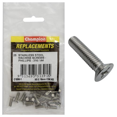 Champion M5 x 16mm Machine Screw -Csk -Ph -316/A4 -25pk