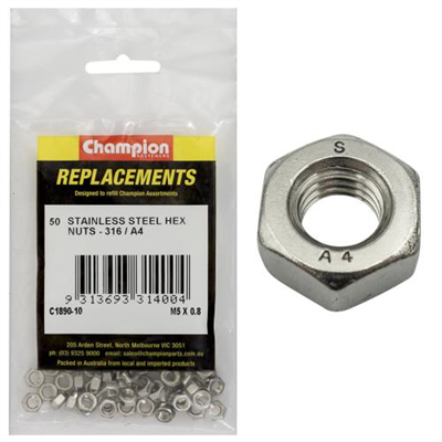 Champion M5 x 0.8 Hex Plain Nut -316/A4 -50pk