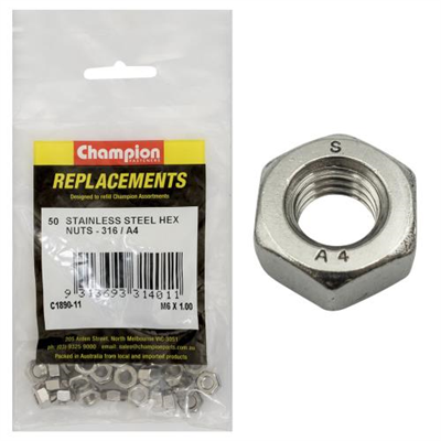 Champion M6 x 1.00 Hex Plain Nut -316/A4 -50pk