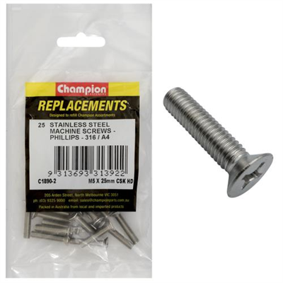 Champion M5 x 25mm Machine Screw -Csk -Ph -316/A4 -25pk