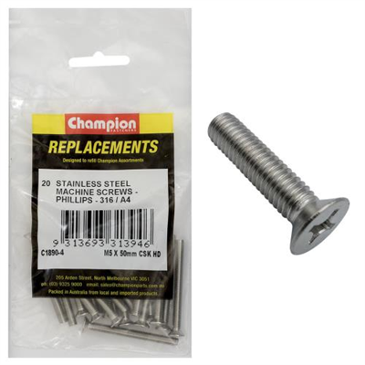 Champion M5 x 50mm Machine Screw -Csk -Ph -316/A4 -20pk