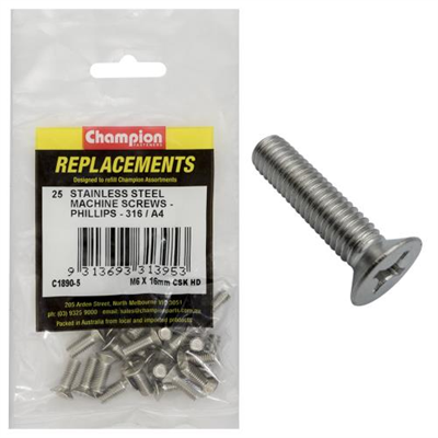 Champion M6 x 16mm Machine Screw -Csk -Ph -316/A4 -25pk