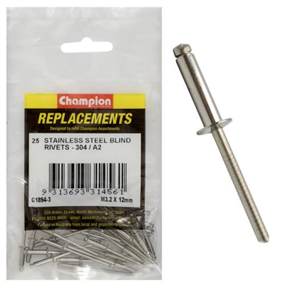 Champion 3.2mm x 12mm Blind Rivet -304/A2 -25pk