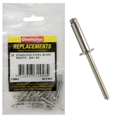 Champion 4.0mm x 6mm Blind Rivet -304/A2 -25pk