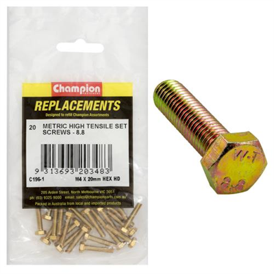 Champion M4 x 20mm x 0.7 Set Screw -Gr.8.8 -20pk