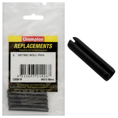 Champion 6.0 x 60mm Metric Roll Pin -5pk