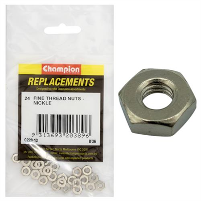 Champion 8/36in UNF Hexagonal Nut (Ni) -24pk