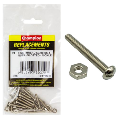 Champion 6/40 x 1in UNF Rnd Hd Machine Screw & Nut (Ni)-24pk