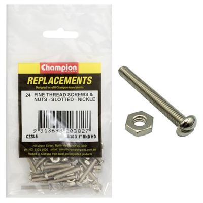 Champion 8/36 x 1in UNF Rnd Hd Machine Screw & Nut (Ni)-24pk