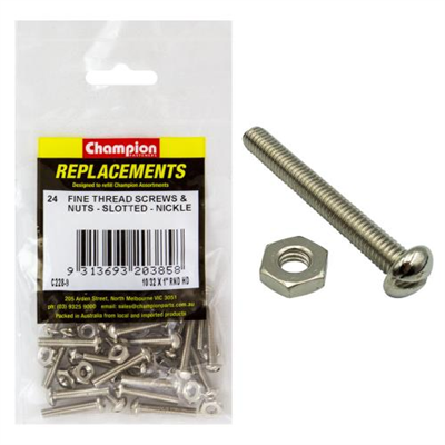 Champion 10/32 x 1in UNF Rnd Hd Machine Screw & Nut -24pk