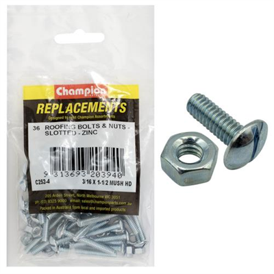 Champion 3/16 x 1-1/2in UNC Roofing Set Screw & Nut - 36pk