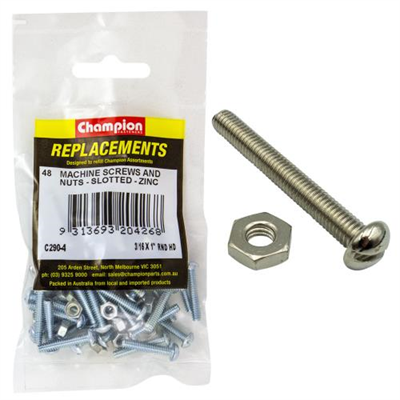 Champion 3/16in x 1in BSW Rnd Head Machine Screw & Nut (Zn)