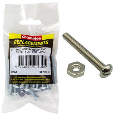 Champion 1/4 x 2in BSW Rnd Head Machine Screw & Nut - 24pk