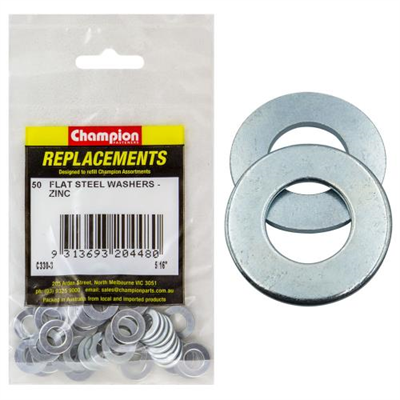 Champion 5/16in x 5/8in x 18G Flat Steel Washer -50pk