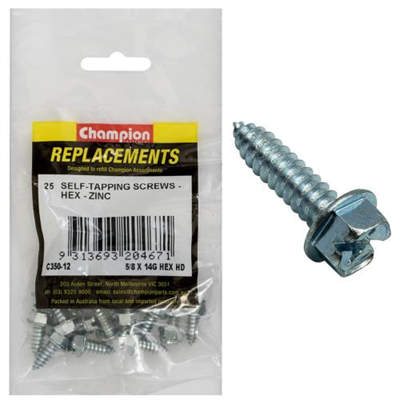Champion 14G x 5/8in S/Tapping Screw Hex Head Phillips -25pk