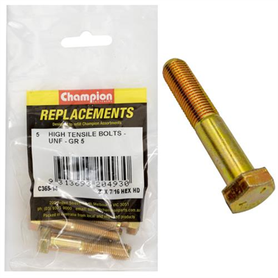 Champion 7/16in x 2in UNF Bolt -Gr5 -5pk