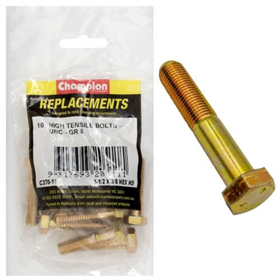 Champion 3/8in x 1-1/2in UNC Bolt -Gr5 -10pk