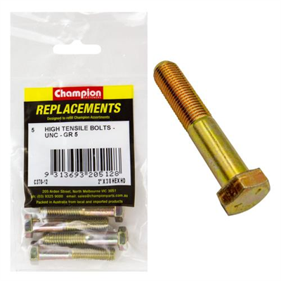 Champion 3/8in x 2in UNC Bolt -Gr5 -5pk