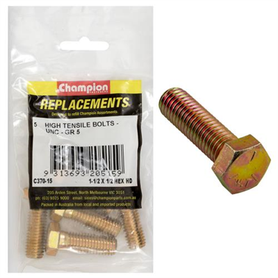 Champion 1/2in x 1-1/2in UNC Bolt -Gr5 -5pk