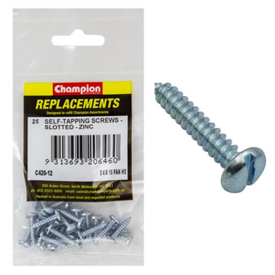 Champion 10G x 3/4in S/Tapping Screw Pan Head Slotted -25pk