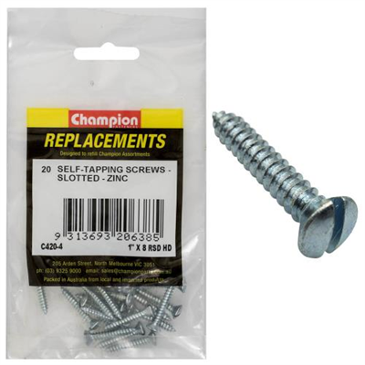 Champion 8G x 1in S/Tapping Screw Rsd Head Slotted -20pk