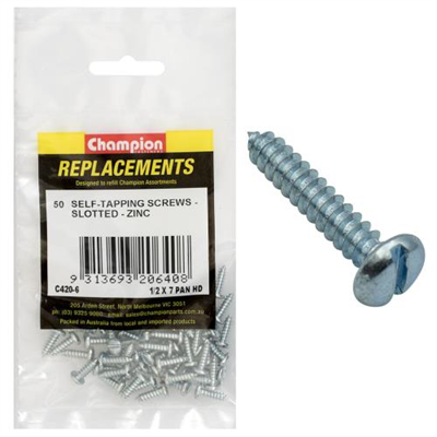 Champion 7G x 1/2in S/Tapping Screw Pan Head Slotted -50pk