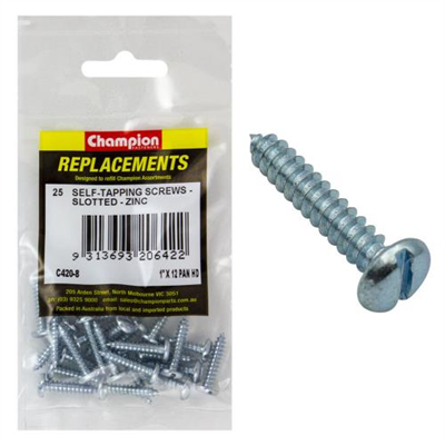 Champion 12G x 1in S/Tapping Screw Pan Head Slotted -25pk