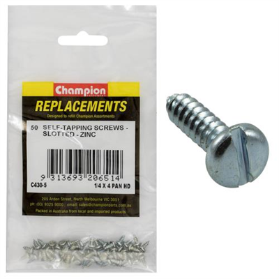 Champion 4G x 1/4in S/Tapping Screw Pan Head Slot -50pk