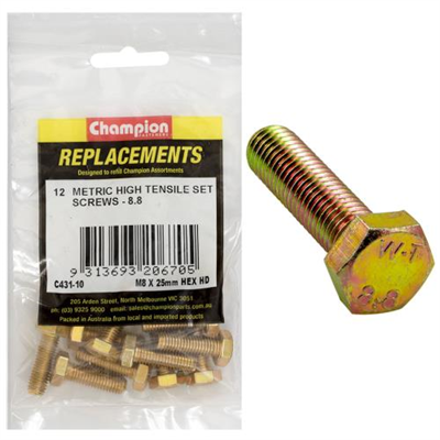 Champion M8 x 25mm x 1.25 Set Screw -Gr8.8 -12pk