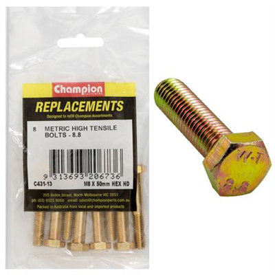 Champion M8 x 50mm x 1.25 Bolt -Gr8.8 -8pk