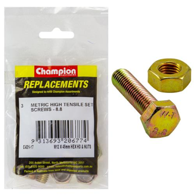 Champion M12 x 45mm x 1.75 Set Screw W/Nut -Gr8.8 -3pk
