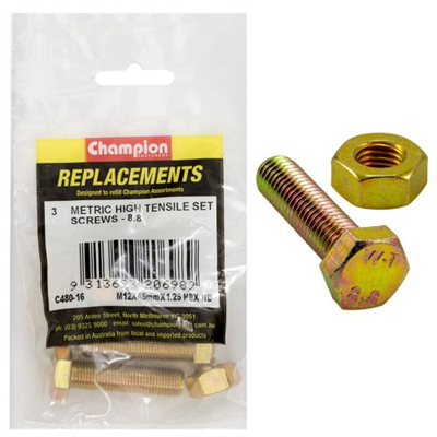 Champion M12 x 45mm x 1.25 Set Screw W/Nut -Gr8.8 -3pk
