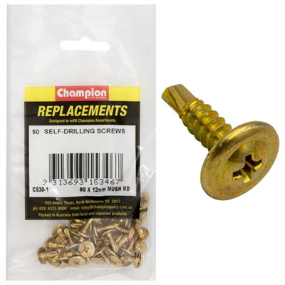 Champion 8G x 12mm Mushroom Head S/Drilling Screw Ph -50pk