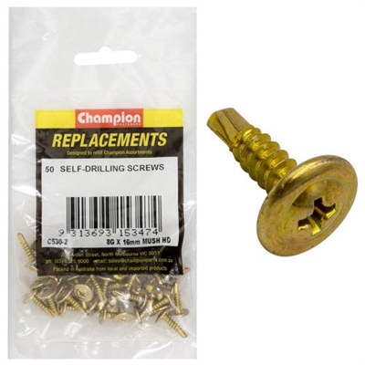 Champion 8G x 16mm Mushroom Head S/Drilling Screw Ph -50pk