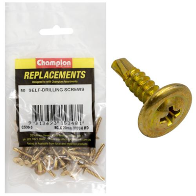 Champion 8G x 20mm Mushroom Head S/Drilling Screw Ph -50pk