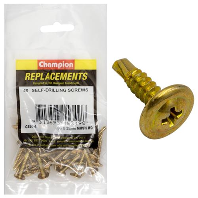 Champion 8G x 25mm Mushroom Head S/Drilling Screw Ph -50pk