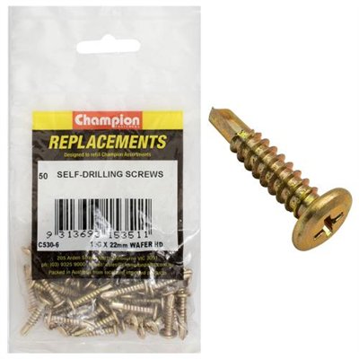 Champion 10G x 22mm Wafer Head S/Drilling Screw Ph -50pk