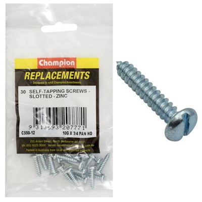 Champion 10G x 3/4in S/Tapping Pan Head Slotted -30pk