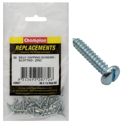 Champion 6G x 1/2in S/Tapping Pan Head Slotted -50pk