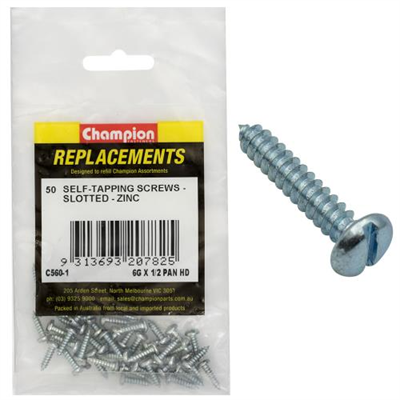 Champion 6G x 1/2in S/Tapping Screw Pan Head Slotted -50pk