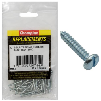 Champion 6G x 1in S/Tapping Screw Pan Head Slotted -50pk
