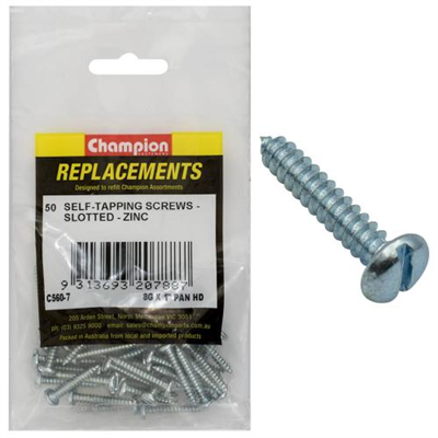 Champion 8G x 1in S/Tapping Screw Pan Head Slotted -50pk