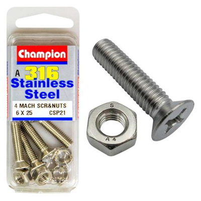 Champion 316/A4 Machine Set Screw & Nut - Csk 6 x 25 (A)