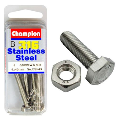 Champion 316/A4 Set Screw & Nut M6 x 40 (B)