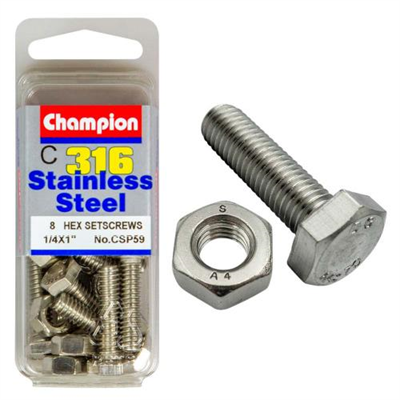 Champion 1/4in x 1in UNC Hex Set Screw 316/A4 (C)