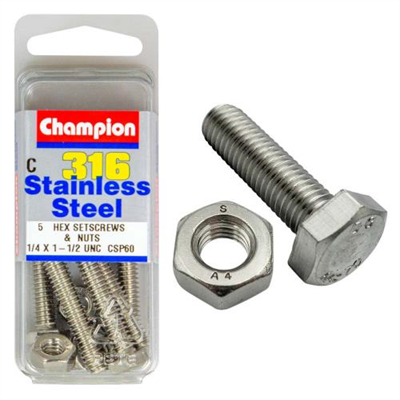 Champion 1/4in x 1-1/2in UNC Hex Set Screw 316/A4 (C)