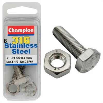 Champion 3/8in x 1-1/2in UNC Hex Set Screw 316/A4 (C)