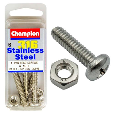 Champion 1/4in x 1-1/2in UNC Pan HD Set Screw 316/A4 (C)