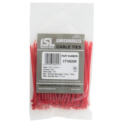 ISL 100 x 2.5mm Nylon Cable Tie - Red - 100pk